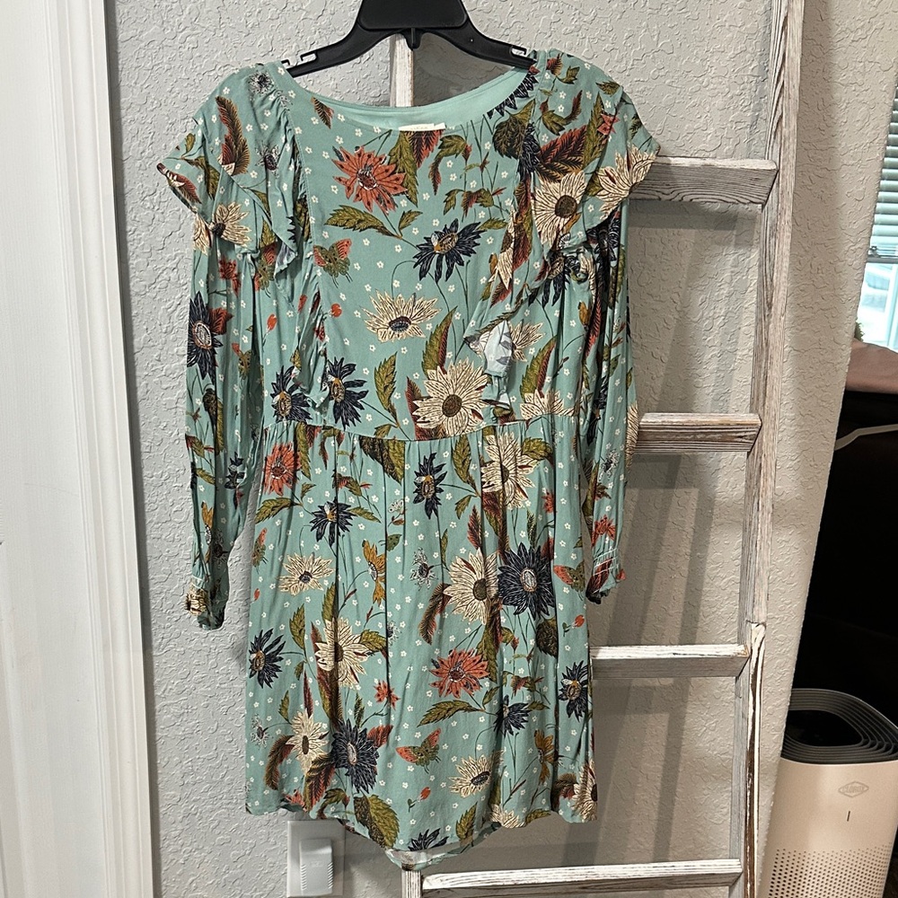 Spartina 449 Mint Floral Ruffle Long-Sleeve Dress with Navy and Rust Accents